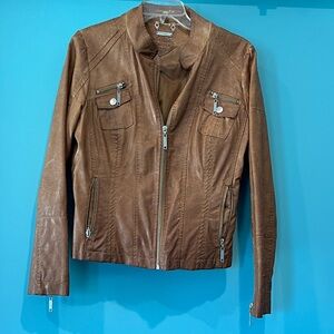 Jou Jou Tan Brown Leather Zip-Front Jacket